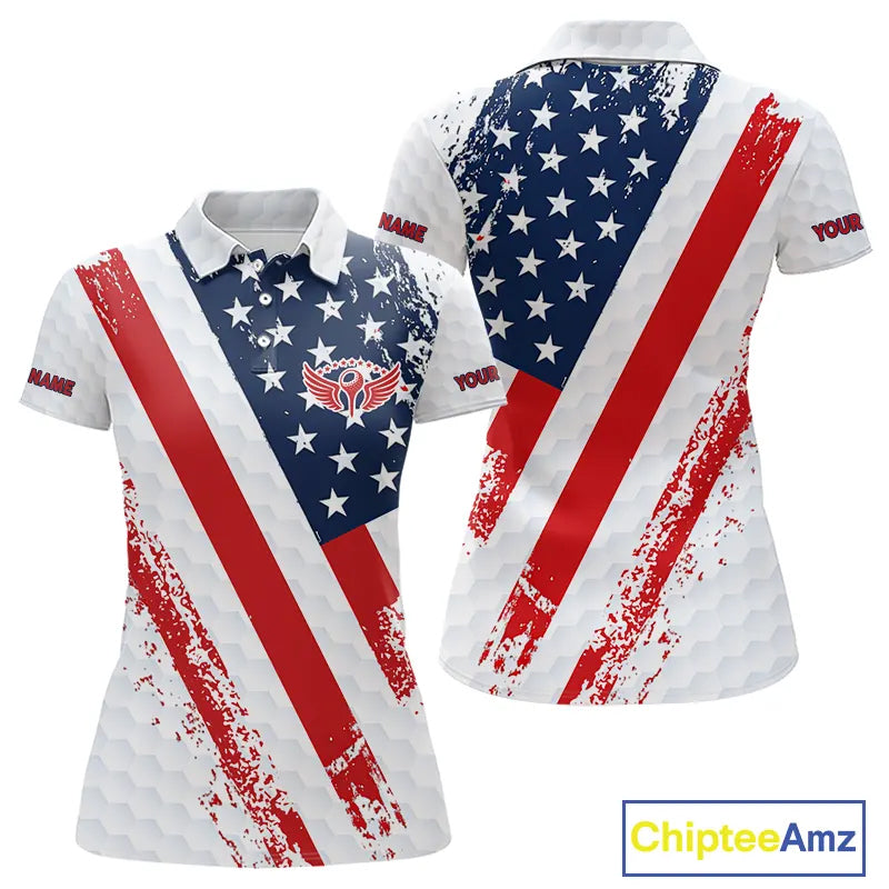 Red, white & blue American Flag Womens Golf polo shirts Custom patriotic golf outfit for ladies NQS11291