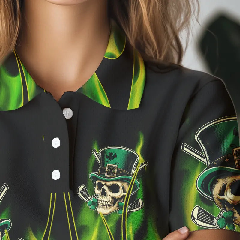 Women golf polo shirts Green clover skull St Patrick's Day golf shirts custom green fire golf apparel NQS7055