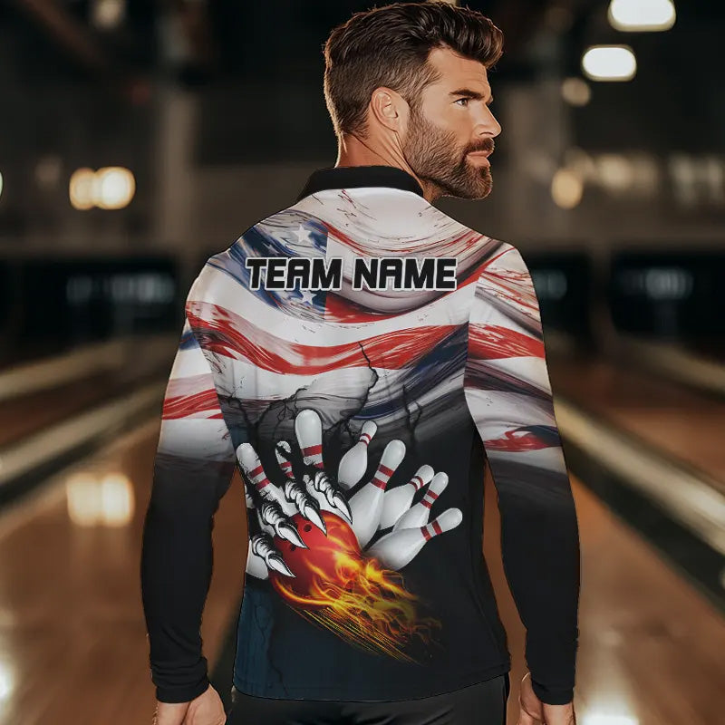 American flag Flame Bowling Polo, Quarter Zip shirts For Men custom patriotic bowling team jersey NQS9416