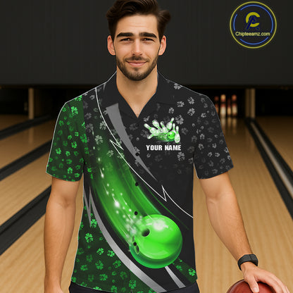Black & Green Shamrock pattern Hawaiian Bowling Shirts Custom St Patrick Team Bowling button up shirt NQS11513