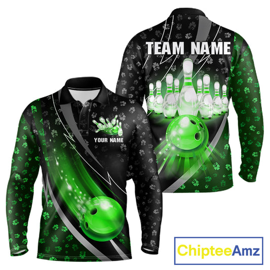 Black and Green Shamrock pattern Bowling Shirts for Men Custom St Patrick Team Bowling jerseys NQS11513