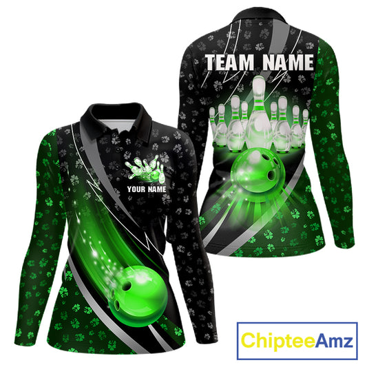 Black and Green Shamrock pattern Bowling Shirts for Women Custom St Patrick Team Bowling jerseys NQS11513