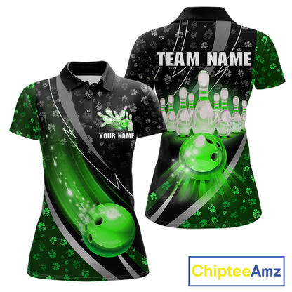 Black and Green Shamrock pattern Bowling Shirts for Women Custom St Patrick Team Bowling jerseys NQS11513