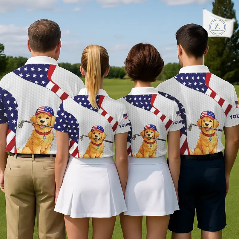 Personalized American flag golden retriever golf polo shirts for men custom name patriotic golf gifts NQS11518