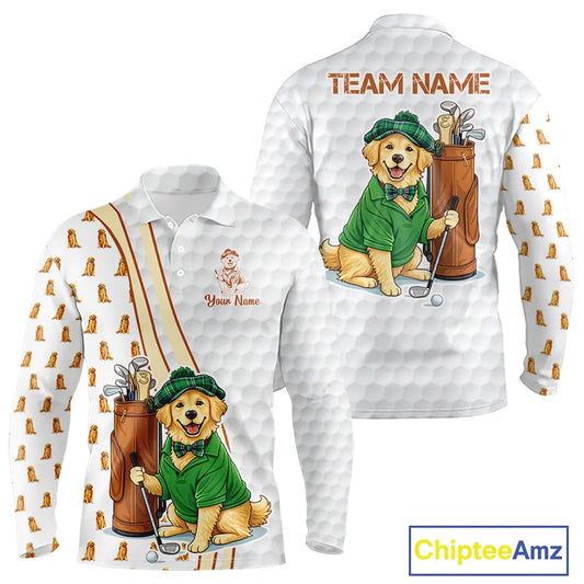 Funny Mens golf polo shirts custom Golden retriever golf pattern white golf shirts NQS11519