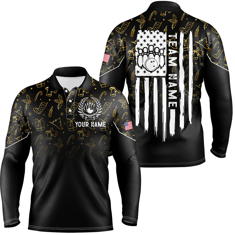 Mens bowling shirt Custom Gold Christmas pattern American flag patriotic bowling team jerseys NQS8756