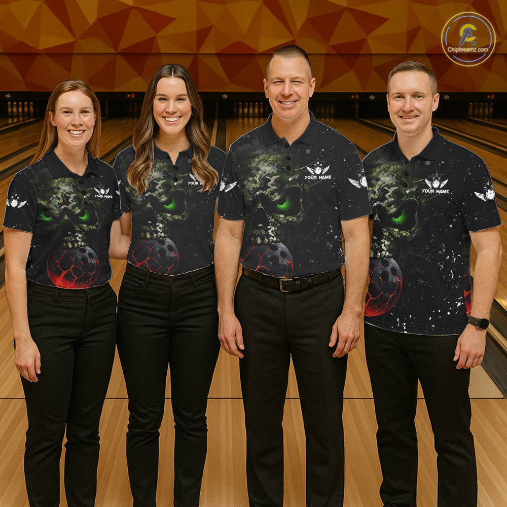 Black and Green Camo grunge American Flag Skull Bowling Shirts for Women Custom Bowling Team jerseys NQS11294