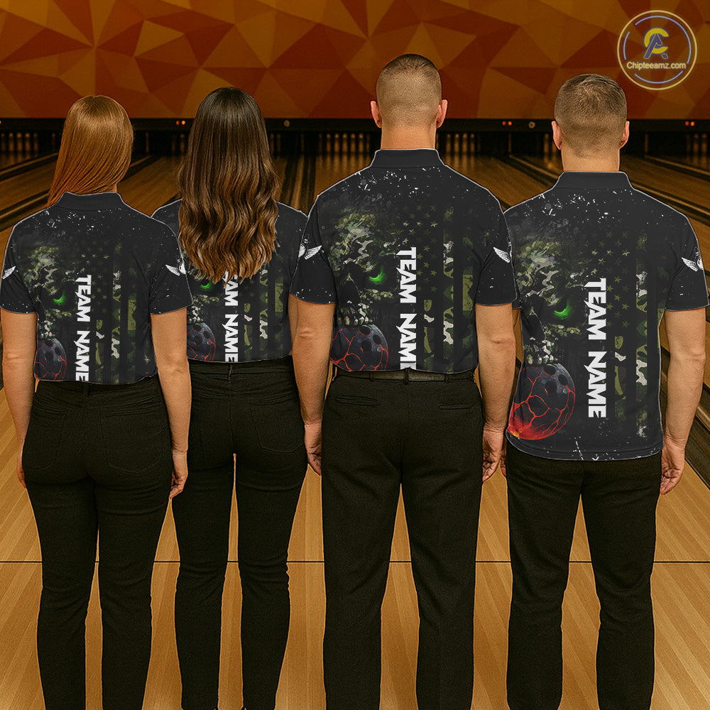 Black and Green Camo grunge American Flag Skull Bowling Shirts for Women Custom Bowling Team jerseys NQS11294
