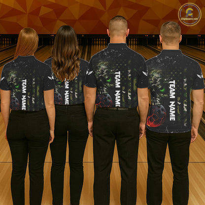 Black and Green Camo grunge American Flag Skull Bowling Shirts for Women Custom Bowling Team jerseys NQS11294