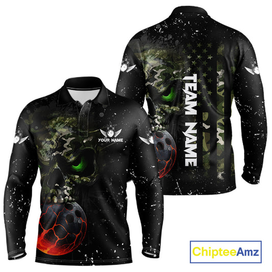 Black and Green Camo grunge American Flag Skull Bowling Shirts for Men Custom Bowling Team jerseys NQS11294