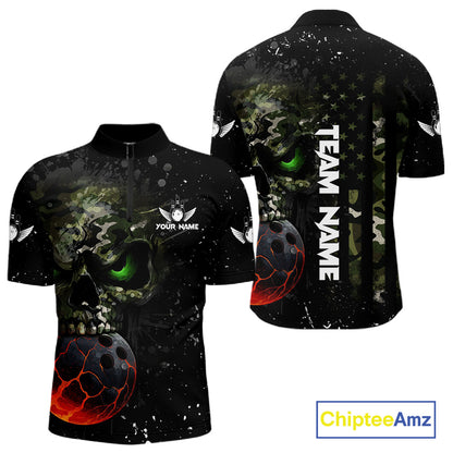 Black and Green Camo grunge American Flag Skull Bowling Shirts for Men Custom Bowling Team jerseys NQS11294