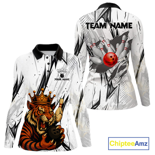 Black and White Tiger Bowling polo, 1/4 zip Shirts for Women Custom Tiger Bowling Team jerseys NQS11298