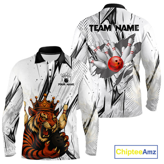 Black and White Tiger Bowling polo, 1/4 zip Shirts for Men Custom Tiger Bowling Team jerseys NQS11298