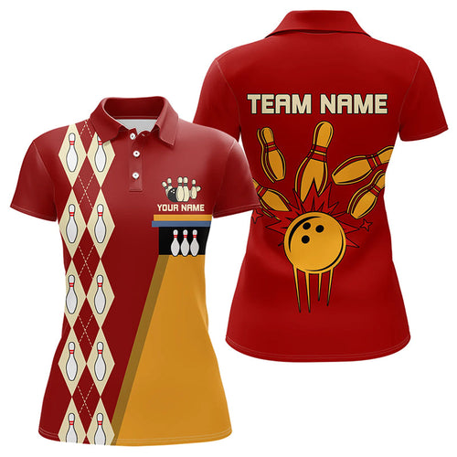 Red & Yellow Retro Bowling Polo, Quarter Zip shirt for Women Custom vintage team bowling jersey NQS9579