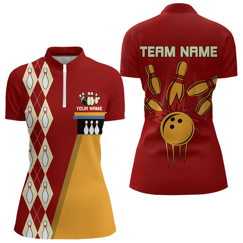 Red & Yellow Retro Bowling Polo, Quarter Zip shirt for Women Custom vintage team bowling jersey NQS9579