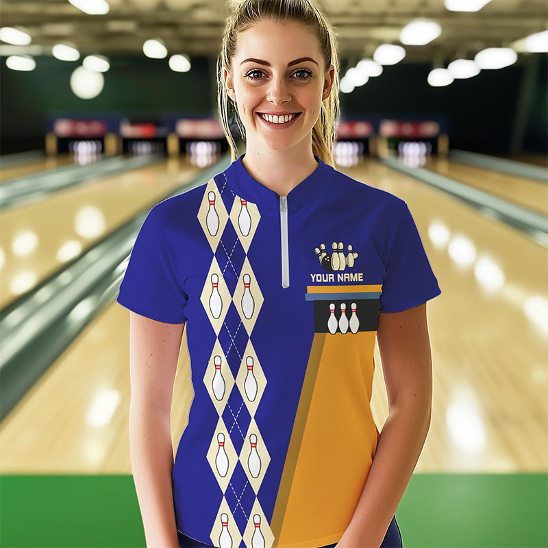 Blue & Yellow Retro Bowling Polo, Quarter Zip shirt for Women Custom vintage team bowling jersey NQS9583