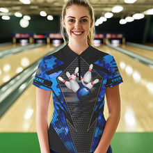 Load image into Gallery viewer, Blue Camo Bowling Polo, Quarter Zip Shirt For Women Custom Bowling Team League Jerseys NQS9733
