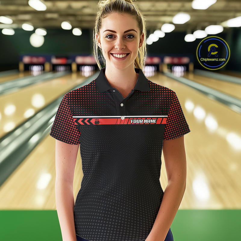 Personalized Black and Red Bowling Polo, 1/4 Zip Shirts For Women Custom Team Bowling Jerseys NQS11101