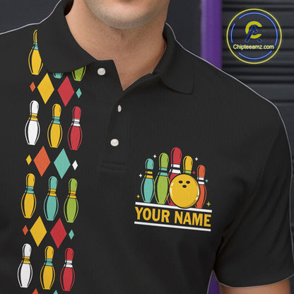 Personalized Black and Colorful Retro Bowling Polo, 1/4 Zip Team Shirts For Men Custom Bowling Gifts NQS11106
