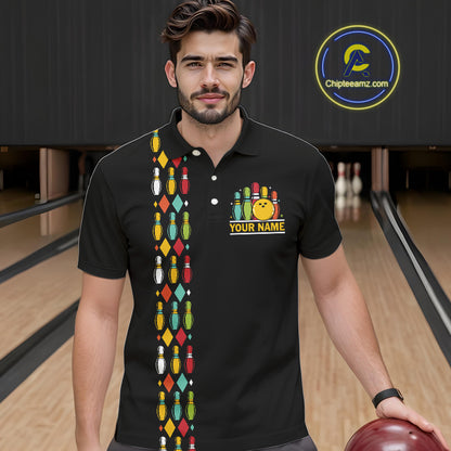 Personalized Black and Colorful Retro Bowling Polo, 1/4 Zip Team Shirts For Men Custom Bowling Gifts NQS11106