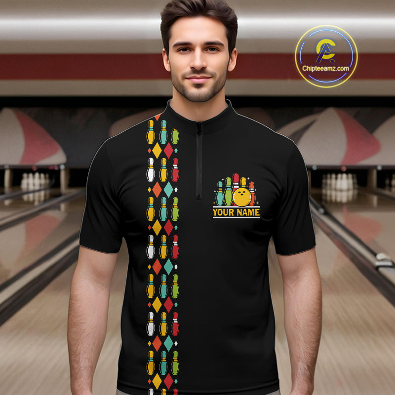 Personalized Black and Colorful Retro Bowling Polo, 1/4 Zip Team Shirts For Men Custom Bowling Gifts NQS11106