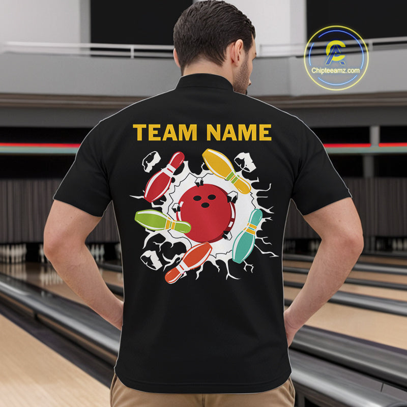 Personalized Black and Colorful Retro Bowling Polo, 1/4 Zip Team Shirts For Men Custom Bowling Gifts NQS11106