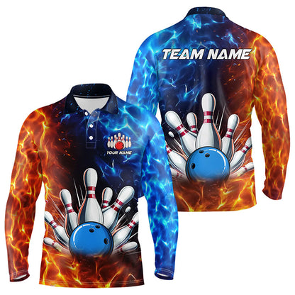 Custom Blue and Orange Flame Bowling Polo, Quarter Zip Shirts For Men, Bowling Team Jerseys NQS9592