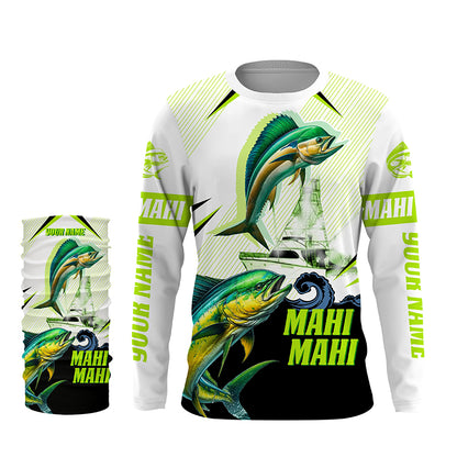Mahi mahi Dorado fishing green camo Customize name long sleeves fishing shirts NQS1860