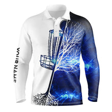 Load image into Gallery viewer, Mens disc golf polo shirt custom name blue galaxy disc golf basket, personalized disc golf shirts NQS6199