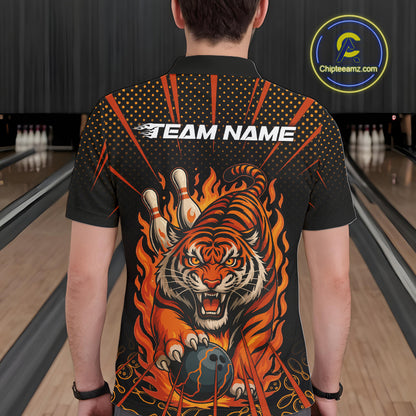 Personalized Tiger Bowling Shirts For men, Black and Orange Flame Team Tiger Bowling Jerseys NQS11110