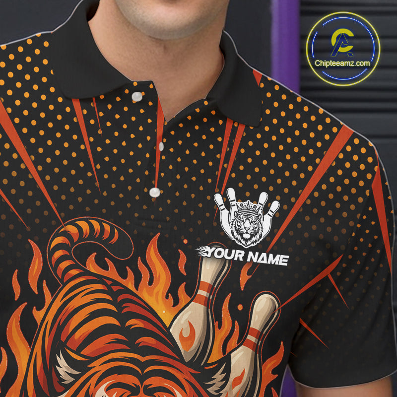 Personalized Tiger Bowling Shirts For men, Black and Orange Flame Team Tiger Bowling Jerseys NQS11110