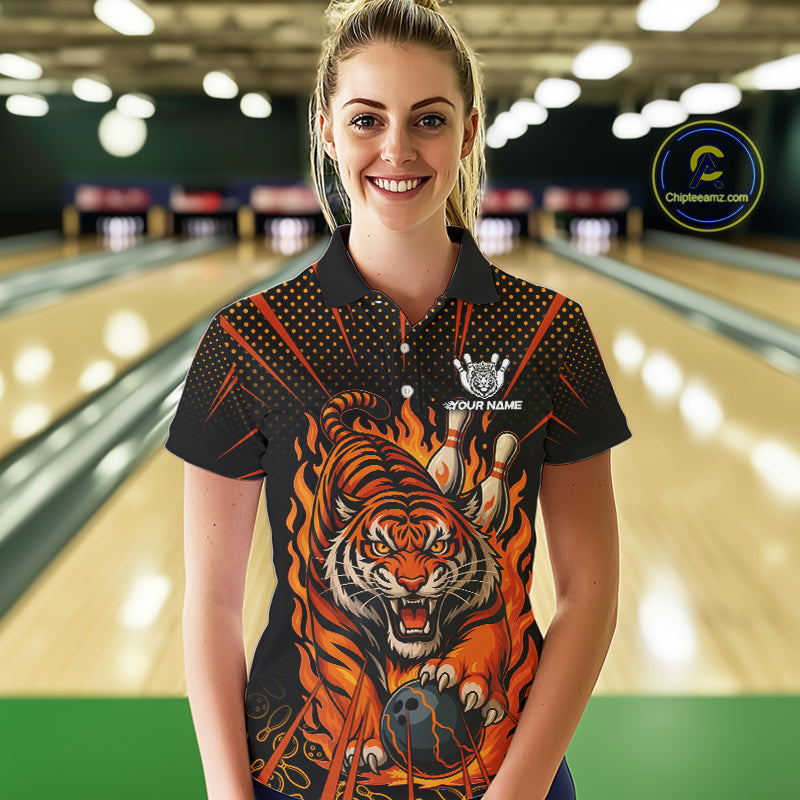 Personalized Tiger Bowling Shirts For Women, Black and Orange Flame Team Tiger Bowling Jerseys NQS11110