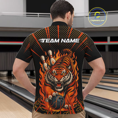 Personalized Tiger Bowling Shirts For men, Black and Orange Flame Team Tiger Bowling Jerseys NQS11110