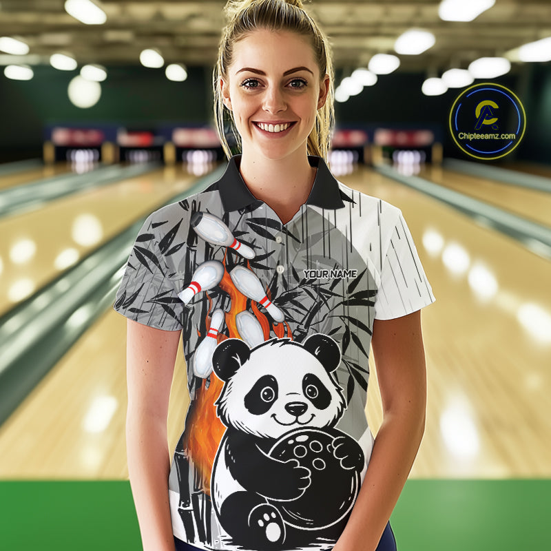 Black and White Panda Bowling Shirts For Women Custom Funny Team Bowling Jerseys, Bowling Uniform NQS11113