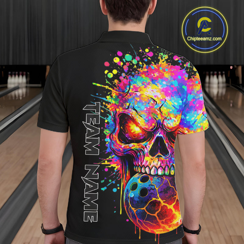 Colorful Skull bowling jerseys Bowling Polo, 1/4 zip Shirt Custom Bowling Team shirt for mens bowlers NQS11317