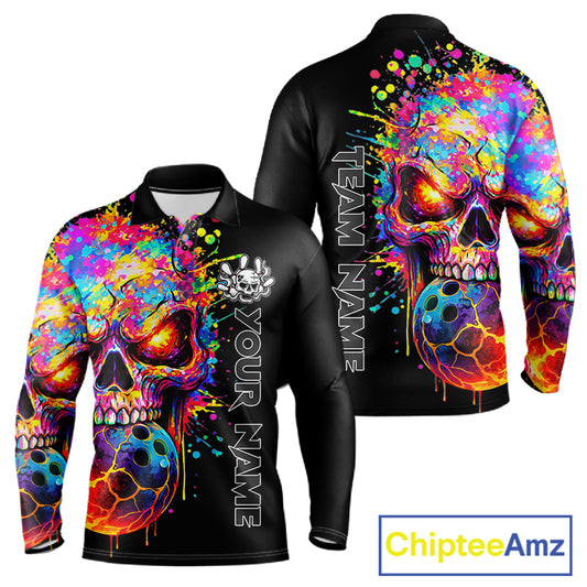 Colorful Skull bowling jerseys Bowling Polo, 1/4 zip Shirt Custom Bowling Team shirt for mens bowlers NQS11317