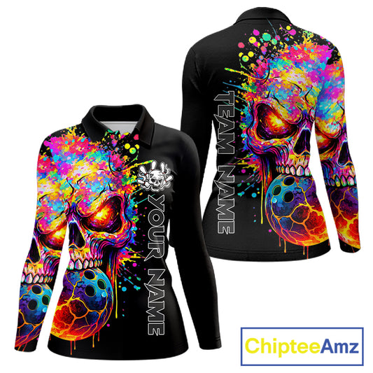 Colorful Skull bowling jerseys Bowling Polo, 1/4 zip Shirt Custom Bowling Team shirt for ladies NQS11317
