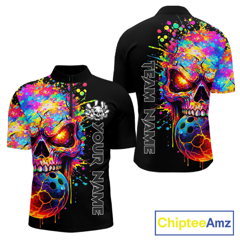 Colorful Skull bowling jerseys Bowling Polo, 1/4 zip Shirt Custom Bowling Team shirt for mens bowlers NQS11317
