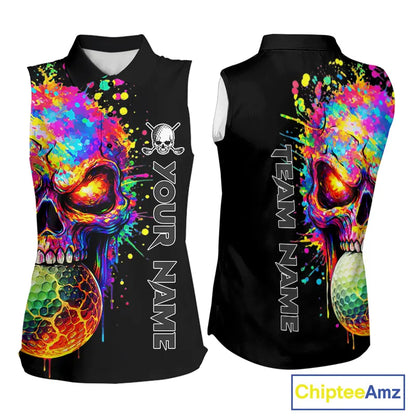 Colorful Skull Golf jerseys Black Women's Sleeveless polo shirt Custom Team ladies golf clothes NQS11318