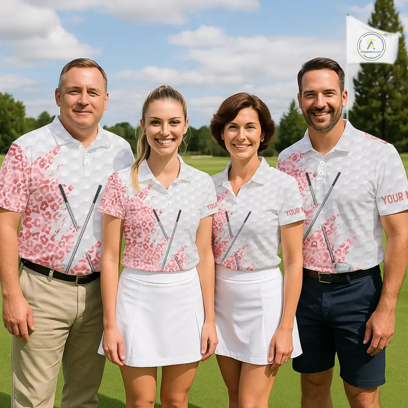 Pink glitter Leopard skin pattern custom name white Mens golf polo shirts, team golf tops for men NQS11526