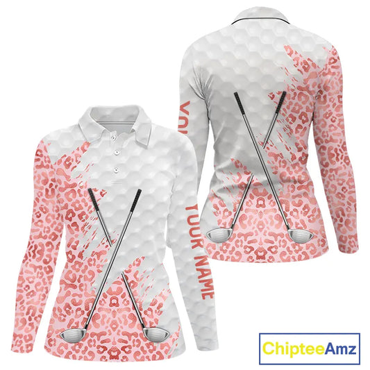 Pink glitter Leopard skin pattern custom name white Womens golf polo shirts, team ladies golf tops NQS11526