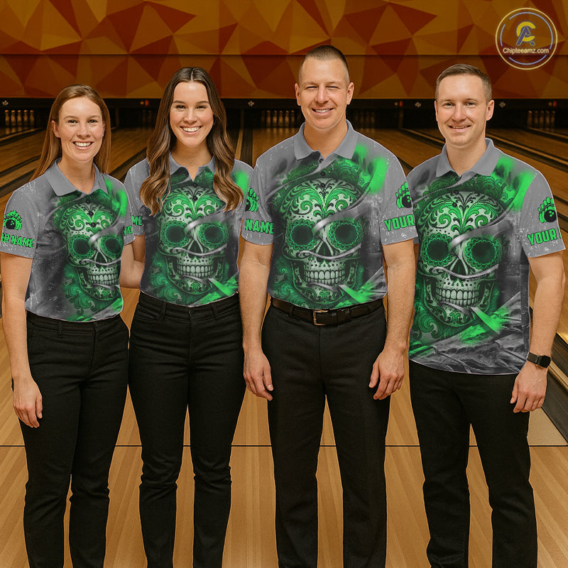 Green Sugar Skull Tattoo Custom Mens Bowling Polo, Quarter Zip Shirts,Team Bowling Jerseys NQS11529