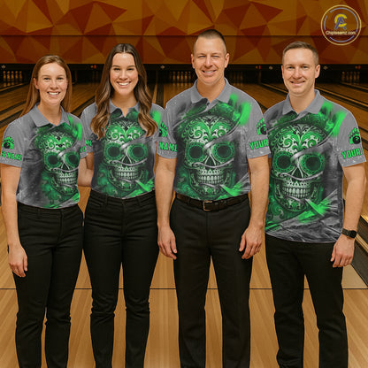 Green Sugar Skull Tattoo Custom Mens Bowling Polo, Quarter Zip Shirts,Team Bowling Jerseys NQS11529