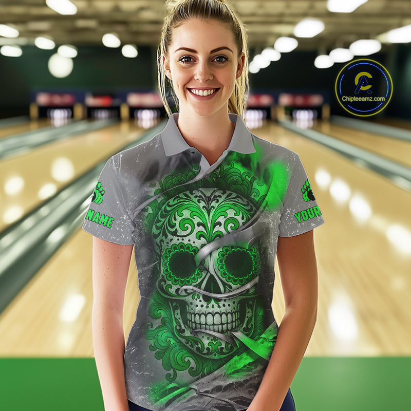 Green Sugar Skull Tattoo Custom Women Bowling Polo, Quarter Zip Shirts,Team Bowling Jerseys NQS11529