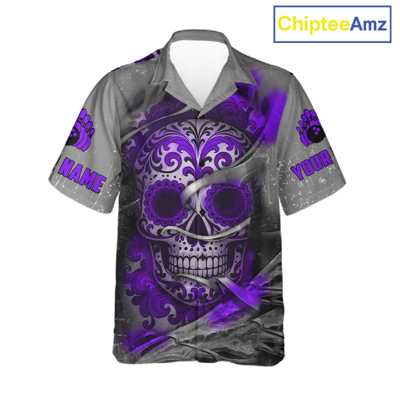 Purple Sugar Skull Tattoo Custom Bowling Hawaiian Shirt, Team Bowling button up shirt NQS11530
