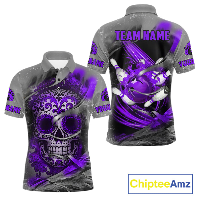 Purple Sugar Skull Tattoo Custom Mens Bowling Polo, Quarter Zip Shirts,Team Bowling Jerseys NQS11530