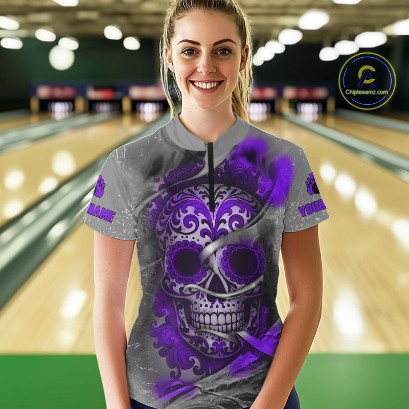 Purple Sugar Skull Tattoo Custom Women Bowling Polo, Quarter Zip Shirts,Team Bowling Jerseys NQS11530