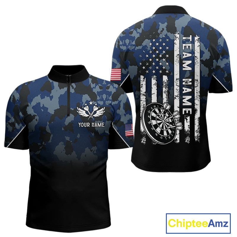 Black and Blue Camo Men Darts Shirts Custom American Flag patriotic Team Darts Jersey NQS11120