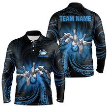 Load image into Gallery viewer, Blue tribal pattern Bowling Polo, Quarter Zip shirt for men Custom team bowling jerseys, bowling gifts NQS9263