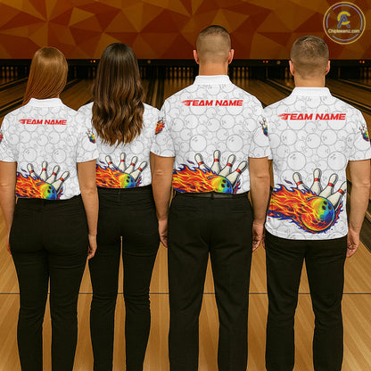 Colorful rainbow flame Bowling Polo, 1/4 zip Shirt For Men Custom white camo Bowling Team jerseys NQS11319